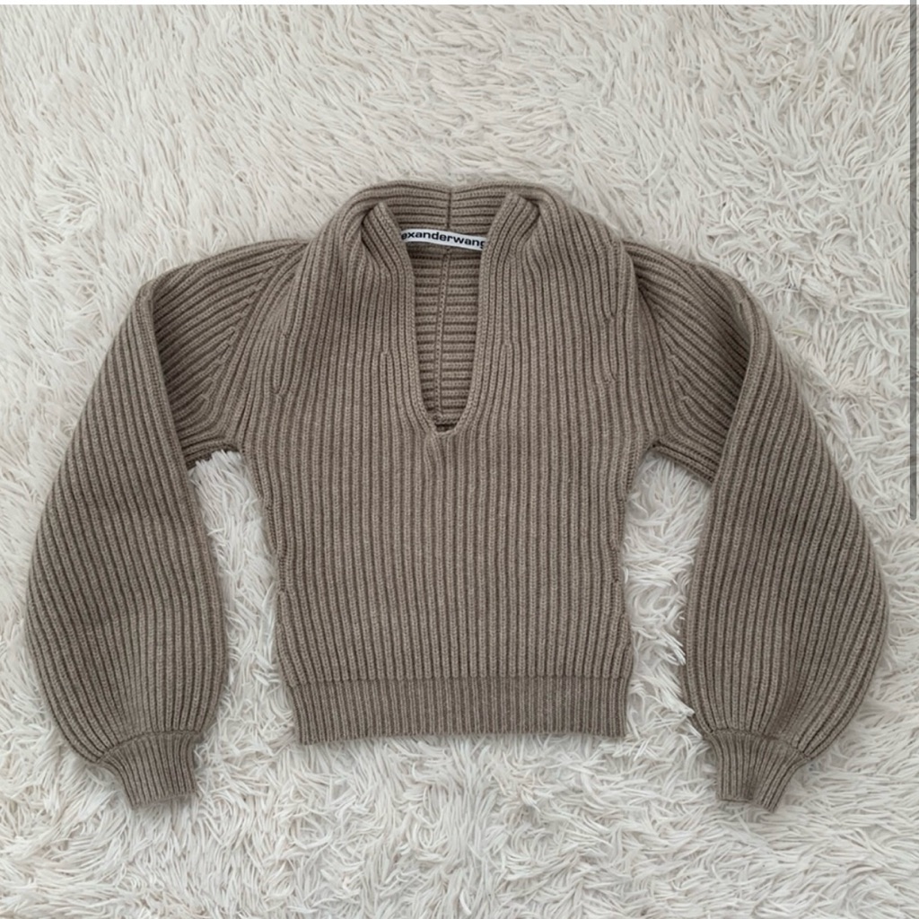 Worn Once Alexander Wang Ribbed Beige Wool Cashmere Blend Draped Neck Sweater